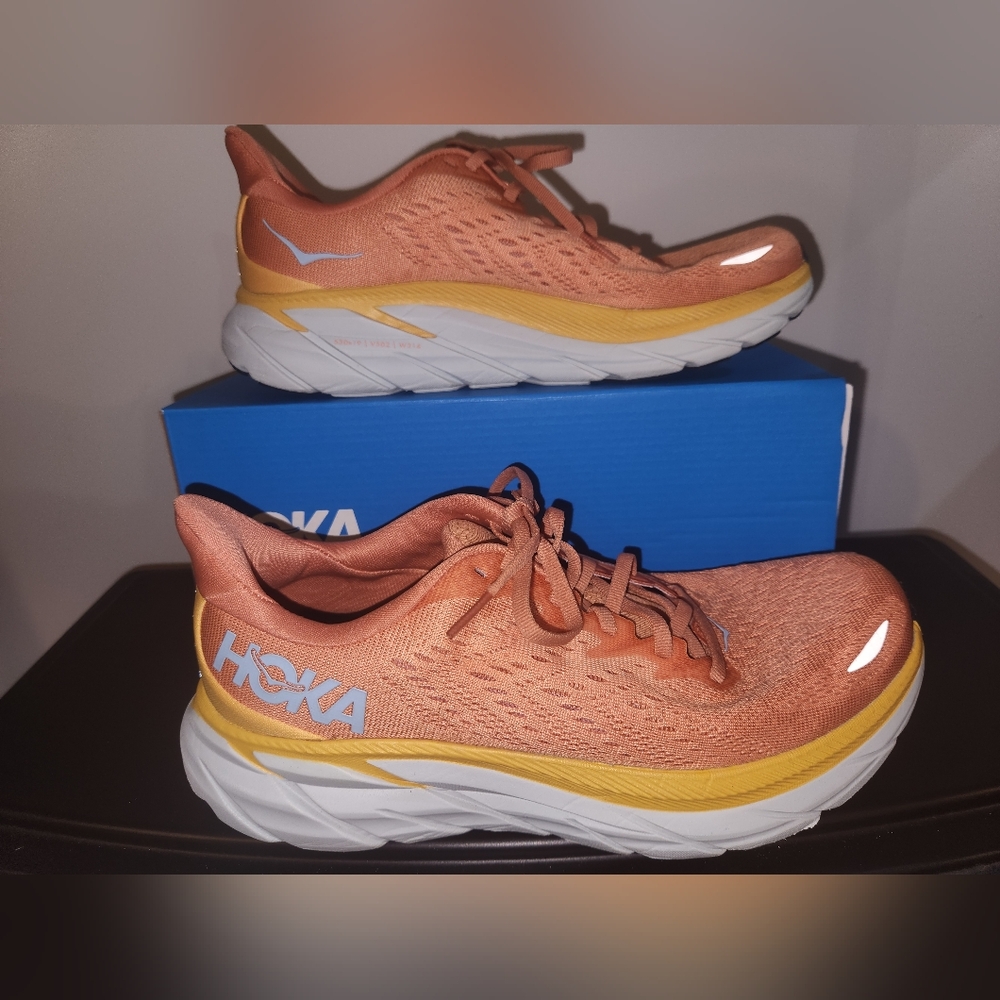 Women's Orange Peach Hoka Clifton 8 Athletic Running Shoes Sneakers Size 8B - Picture 7 of 11